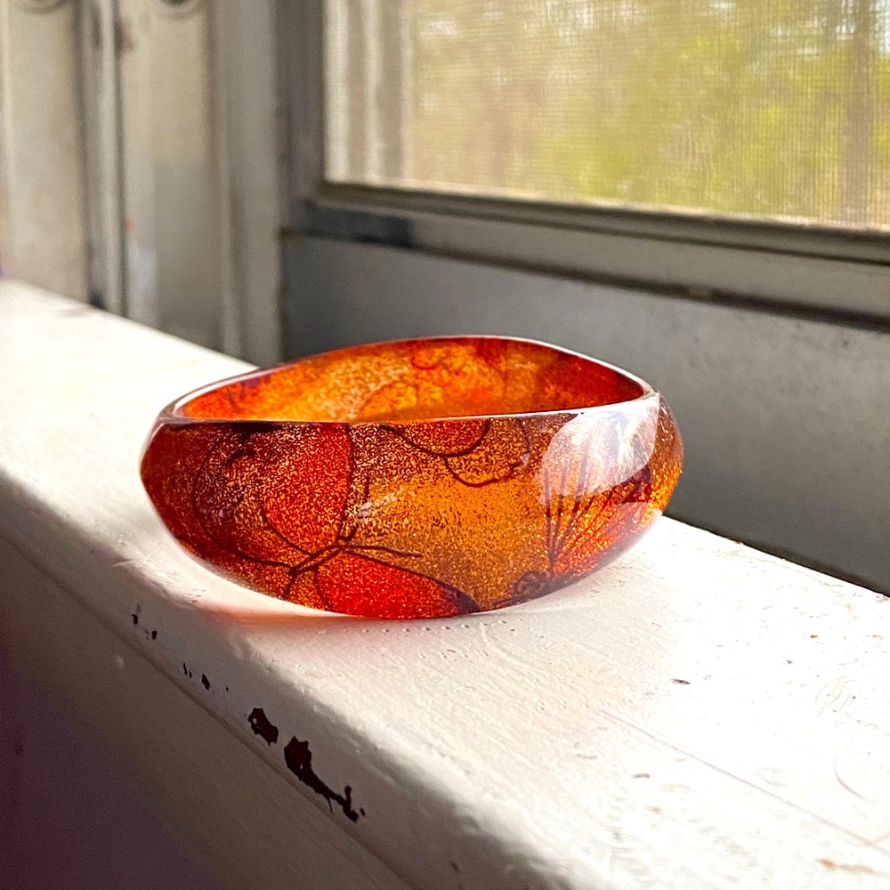 SALE 5/$25transparent lucite chunky bangle,Amber stardust, tattoo butterfly